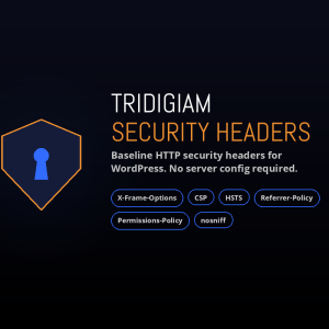 Tridigiam Security Headers plugin hero image showing shield icon and supported HTTP headers