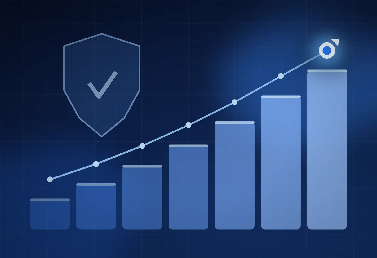 Rising bar chart with a trend line and a compliance shield, representing search ranking gains for regulated industries